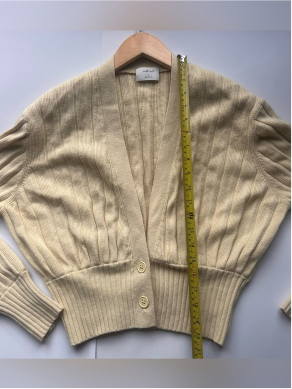 Aritzia Wilfred Cropped Ribbed Cardigan butter yellow Wool Blend Minimalist - Picture 5 of 7